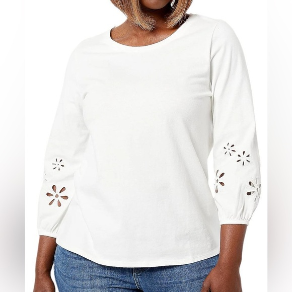 Laurie Felt Tops - Laurie Felt Ivory Long Sleeve Top with Floral Cutout Sleeves